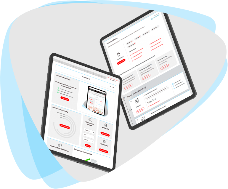 Zwei Tablets mit einer Benutzeroberfläche zur digitalen Immobilienverwaltung, mit Funktionen wie Bewertung und Dokumentenübersicht für Vermieter.